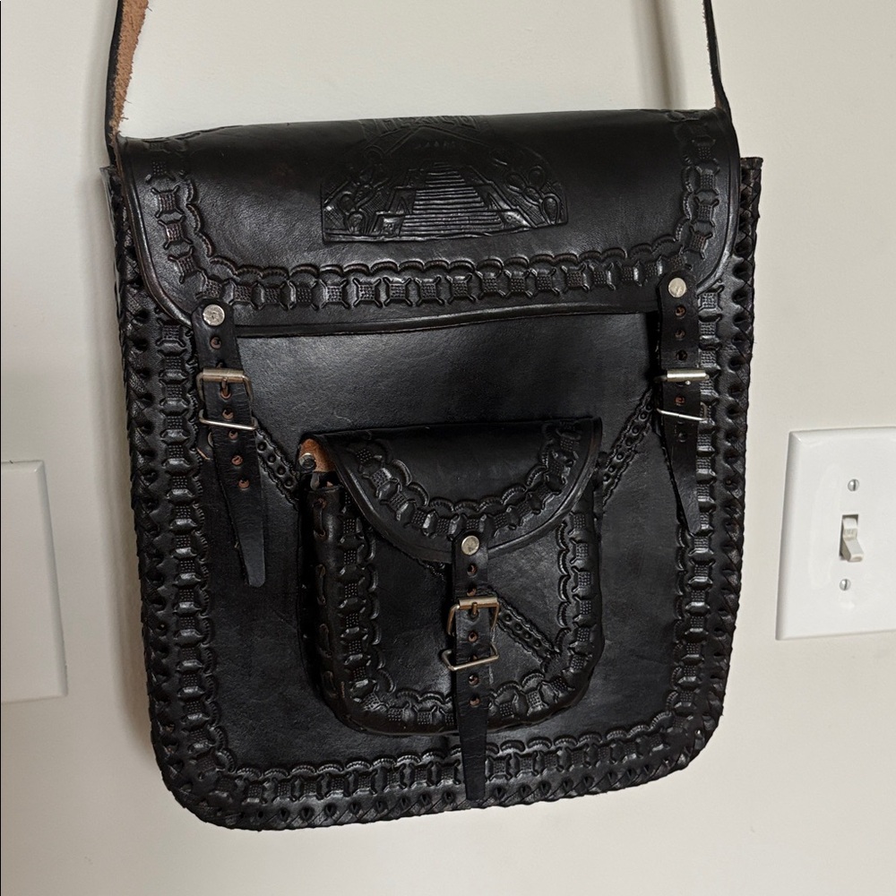 Black Leather Crossbody Saddle Bag from Mexico